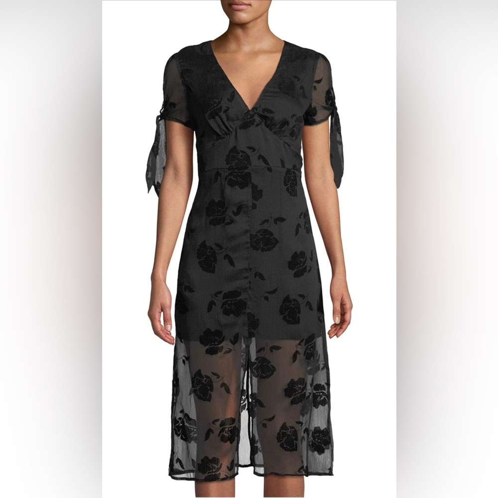 NWT J.O.A. Los Angeles Black Velvet Midi Floral V Neck Dress Tie Sleeves Sz. 4